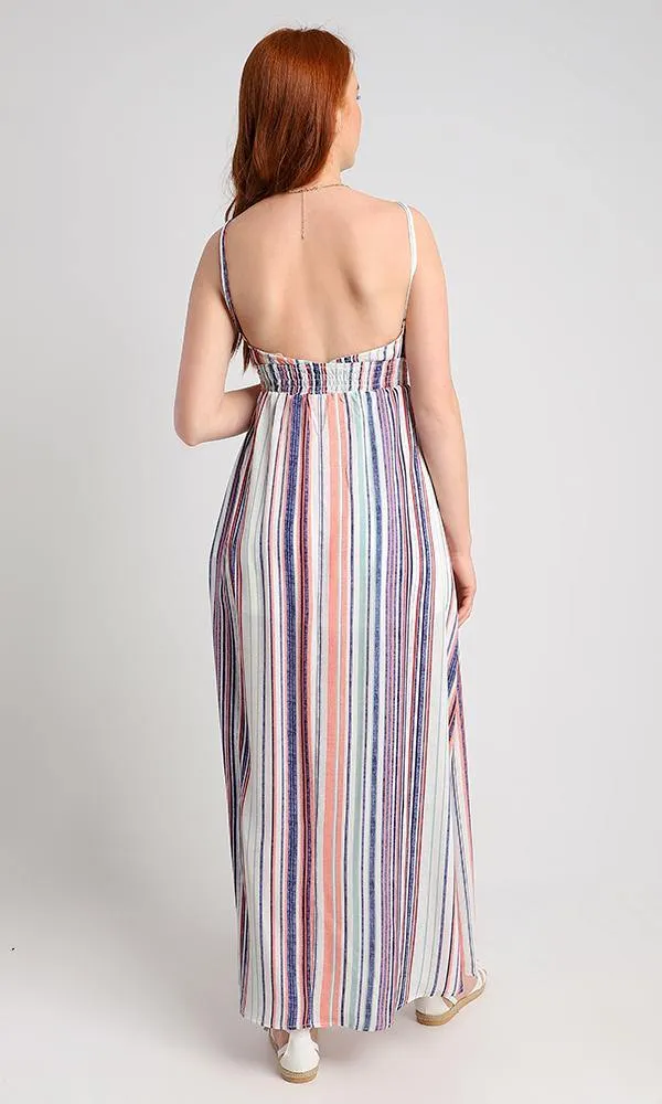 56601 Spaghetti Sleeves Colorful Striped Maxi Dress