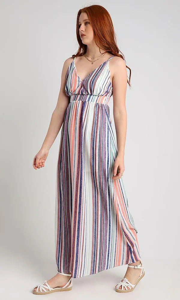 56601 Spaghetti Sleeves Colorful Striped Maxi Dress