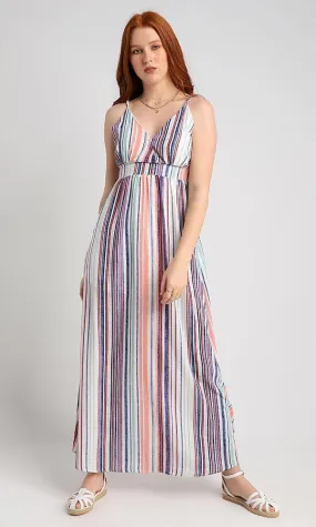 56601 Spaghetti Sleeves Colorful Striped Maxi Dress