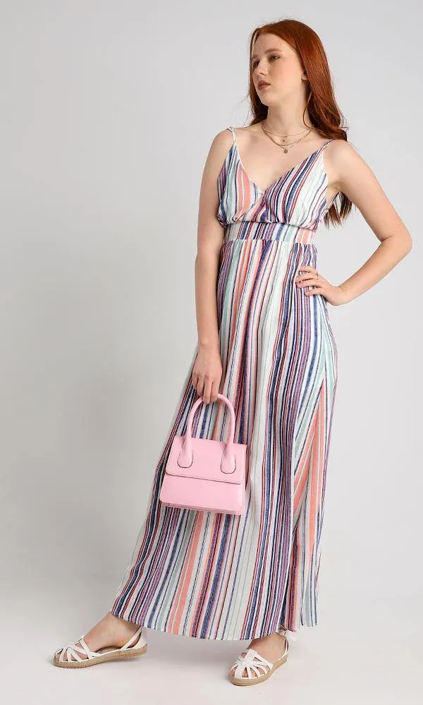 56601 Spaghetti Sleeves Colorful Striped Maxi Dress