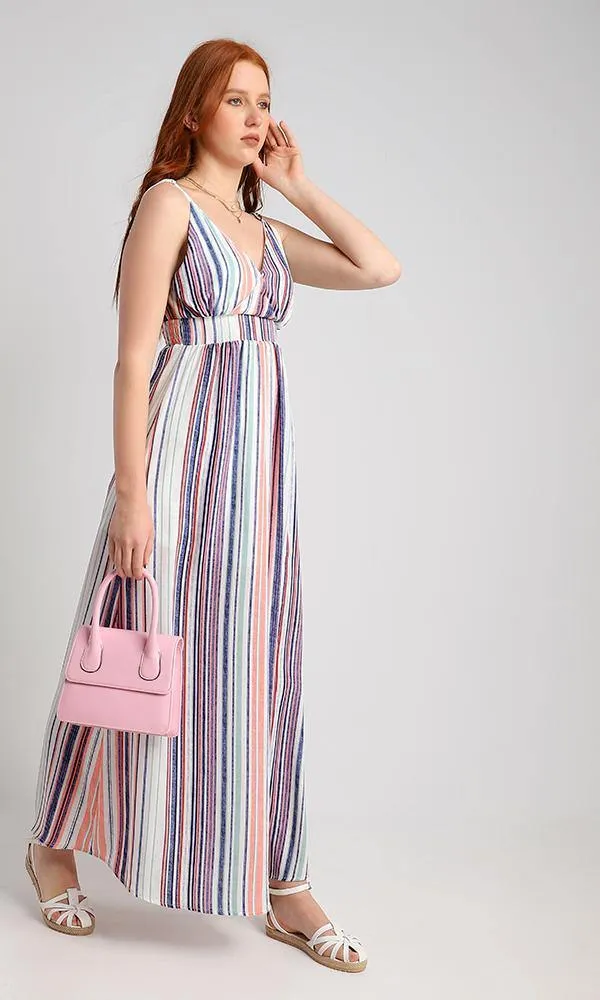 56601 Spaghetti Sleeves Colorful Striped Maxi Dress