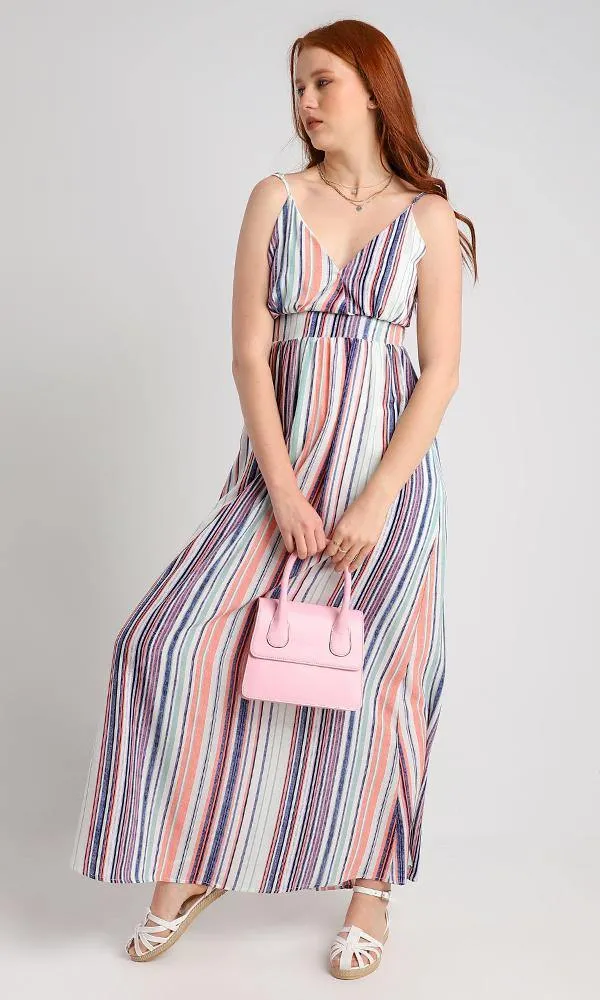 56601 Spaghetti Sleeves Colorful Striped Maxi Dress