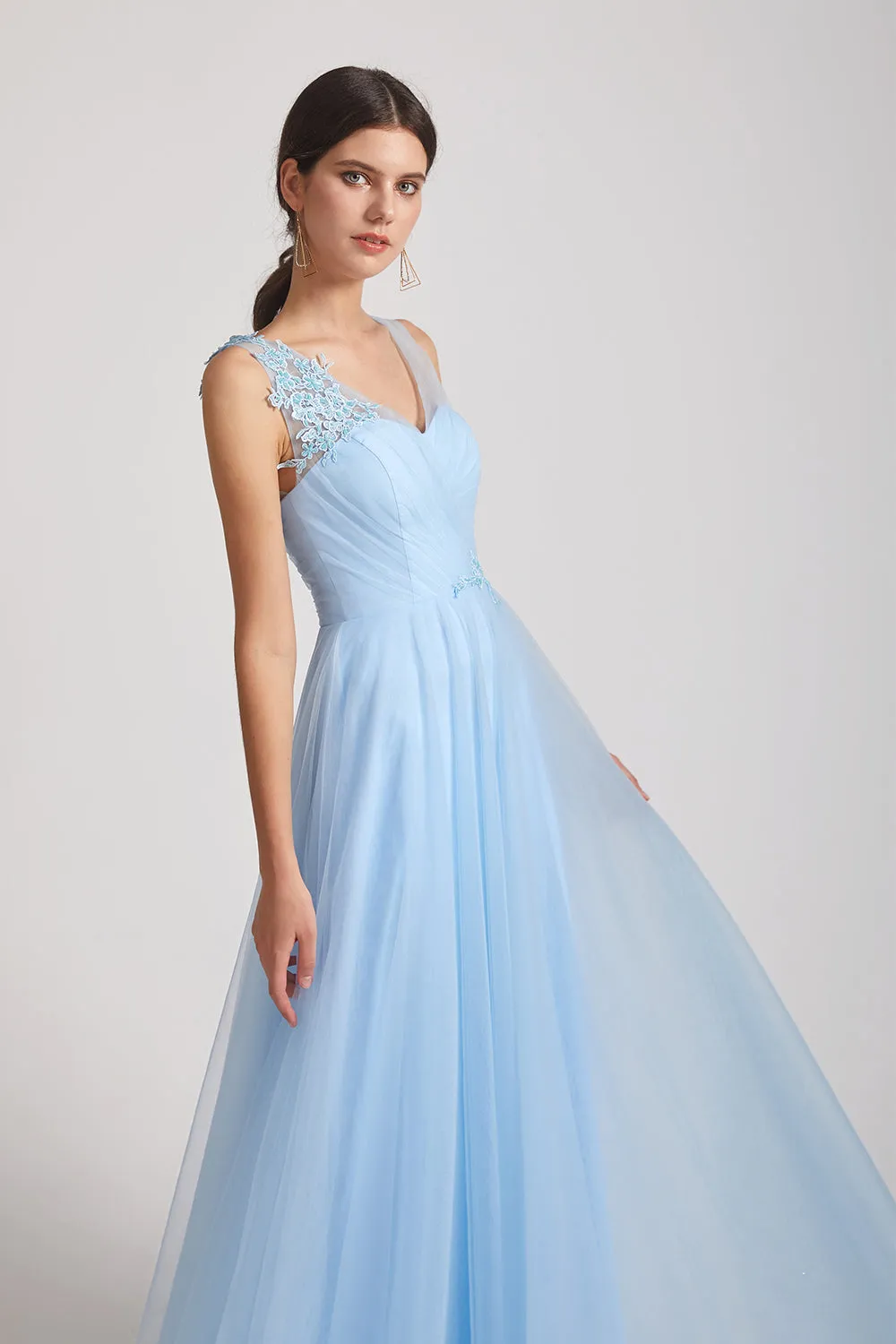 A-Line/Princess Straps V-Neck Long Tulle Bridesmaid Dresses (AF0180)