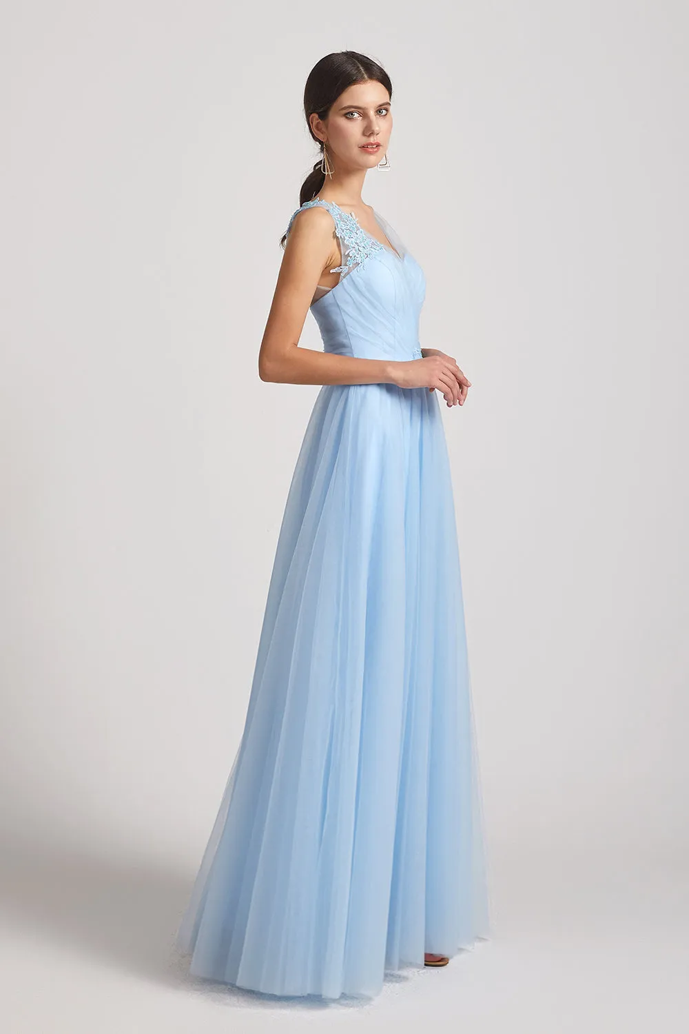 A-Line/Princess Straps V-Neck Long Tulle Bridesmaid Dresses (AF0180)