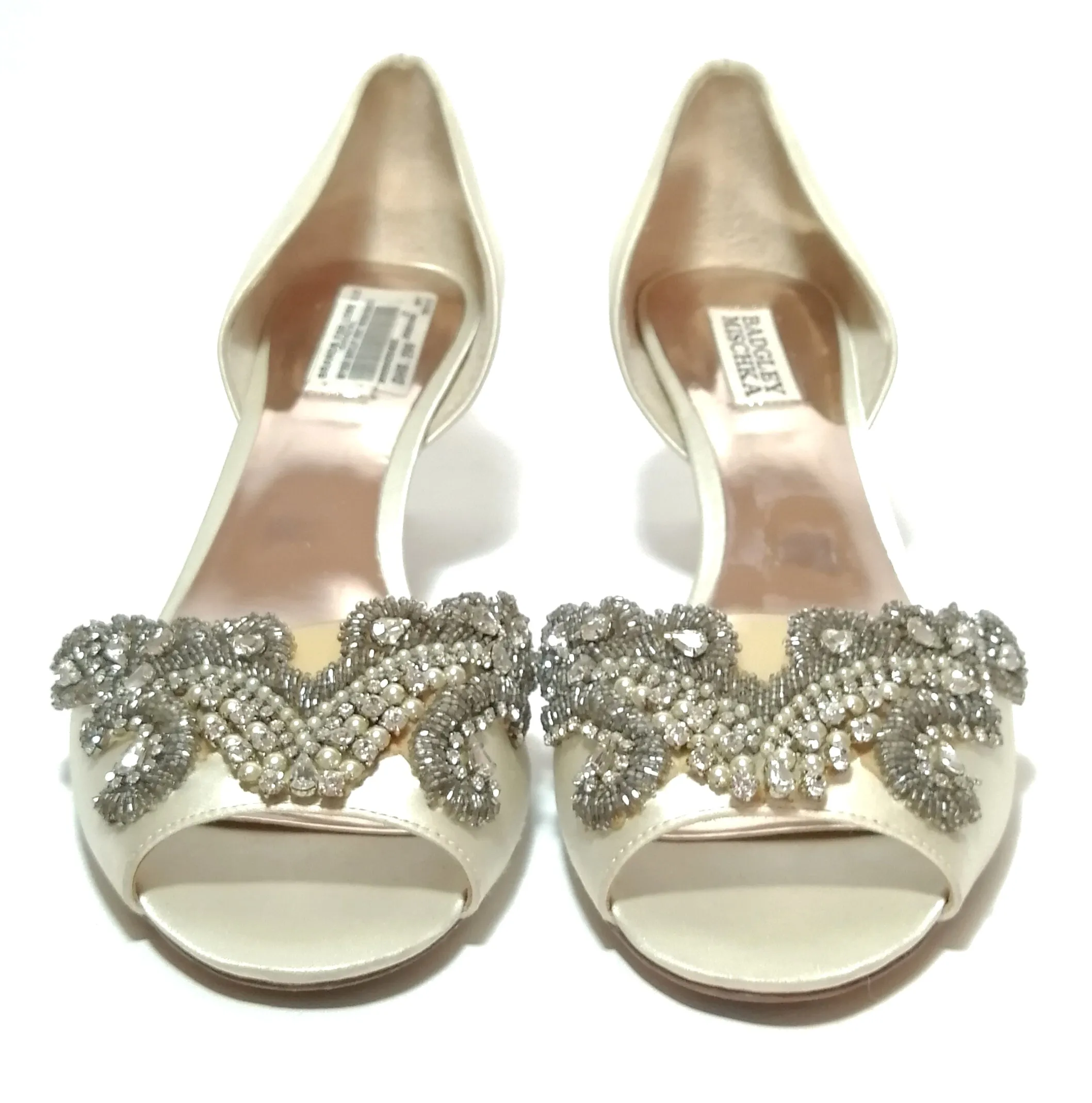 Badgley Mischka Cream Satin Rhinestone Peep-toe Heels | Pre Loved |