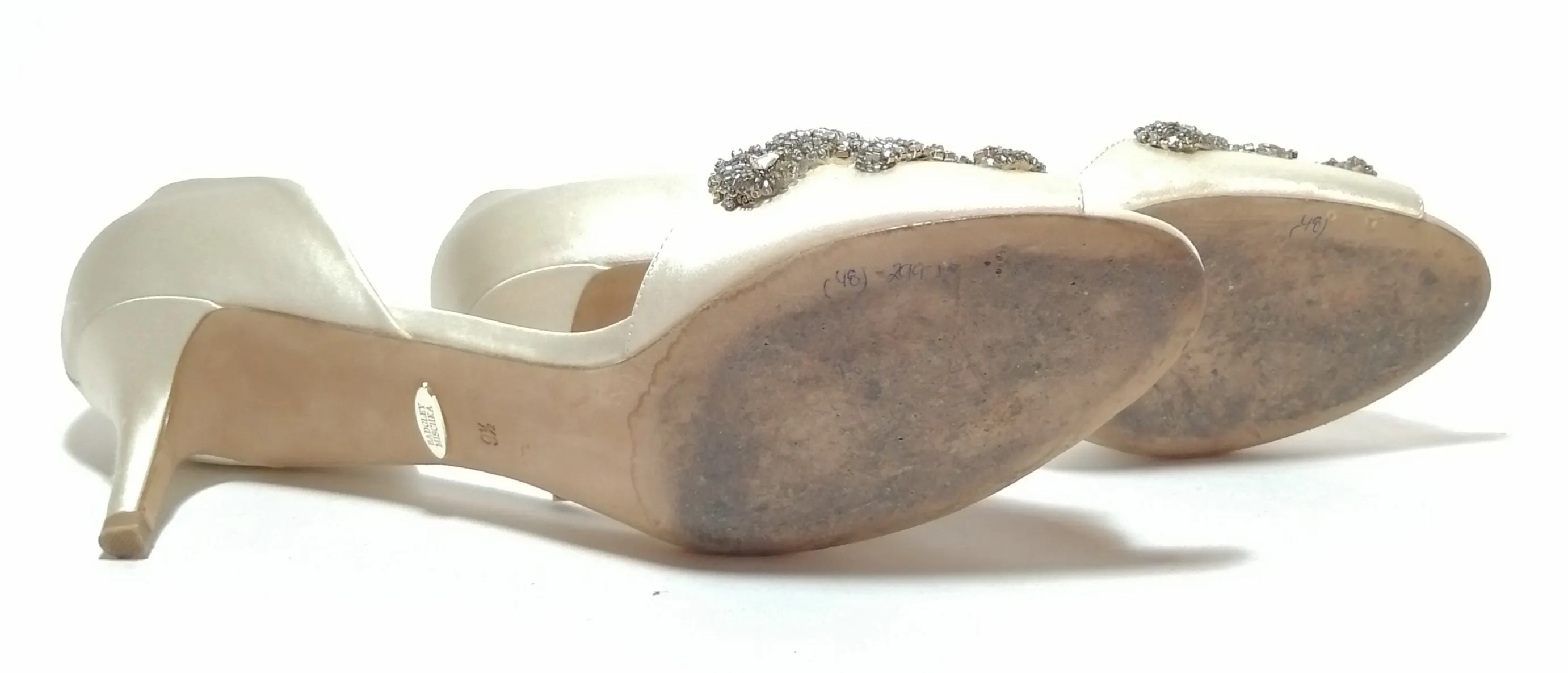 Badgley Mischka Cream Satin Rhinestone Peep-toe Heels | Pre Loved |