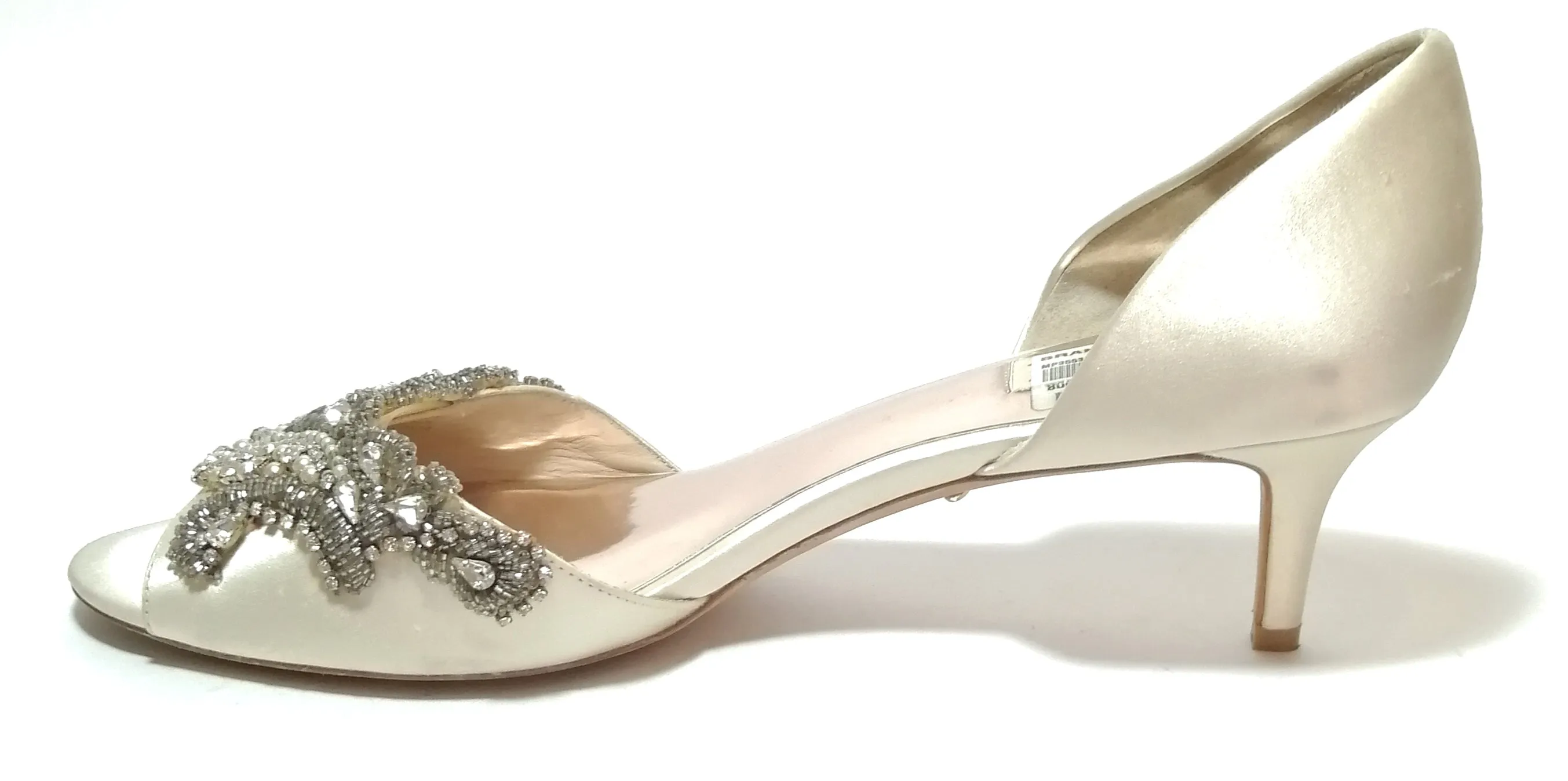 Badgley Mischka Cream Satin Rhinestone Peep-toe Heels | Pre Loved |