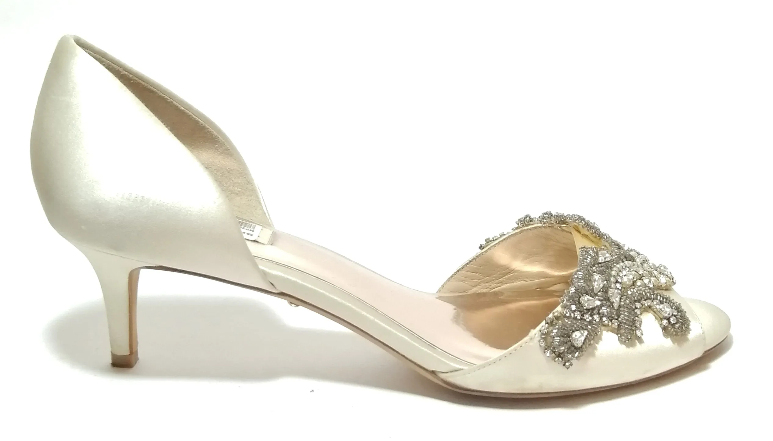 Badgley Mischka Cream Satin Rhinestone Peep-toe Heels | Pre Loved |