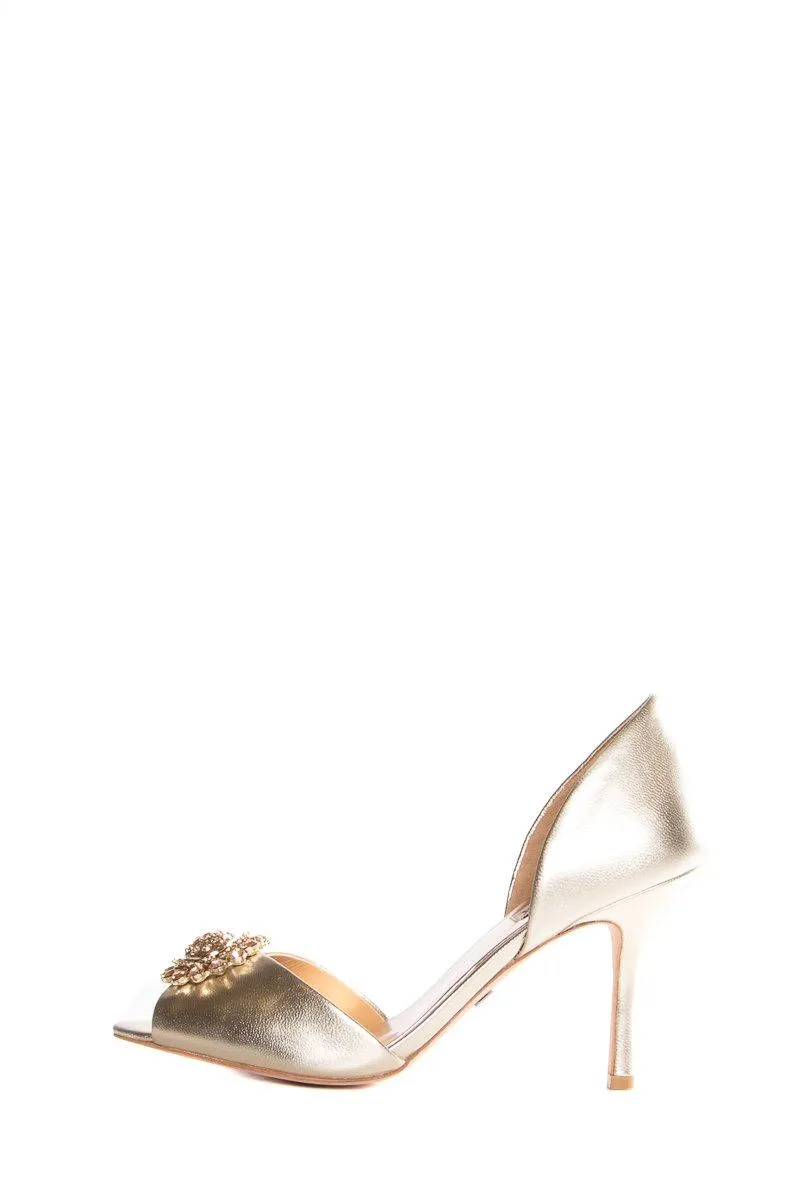 Badgley Mischka Gold Metallic Leather Peep-Toe Heels SZ 9 Sale