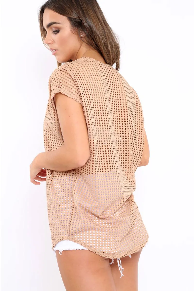 Beige Laser Cut Top with Crew neck and Dip Hem - Keelani