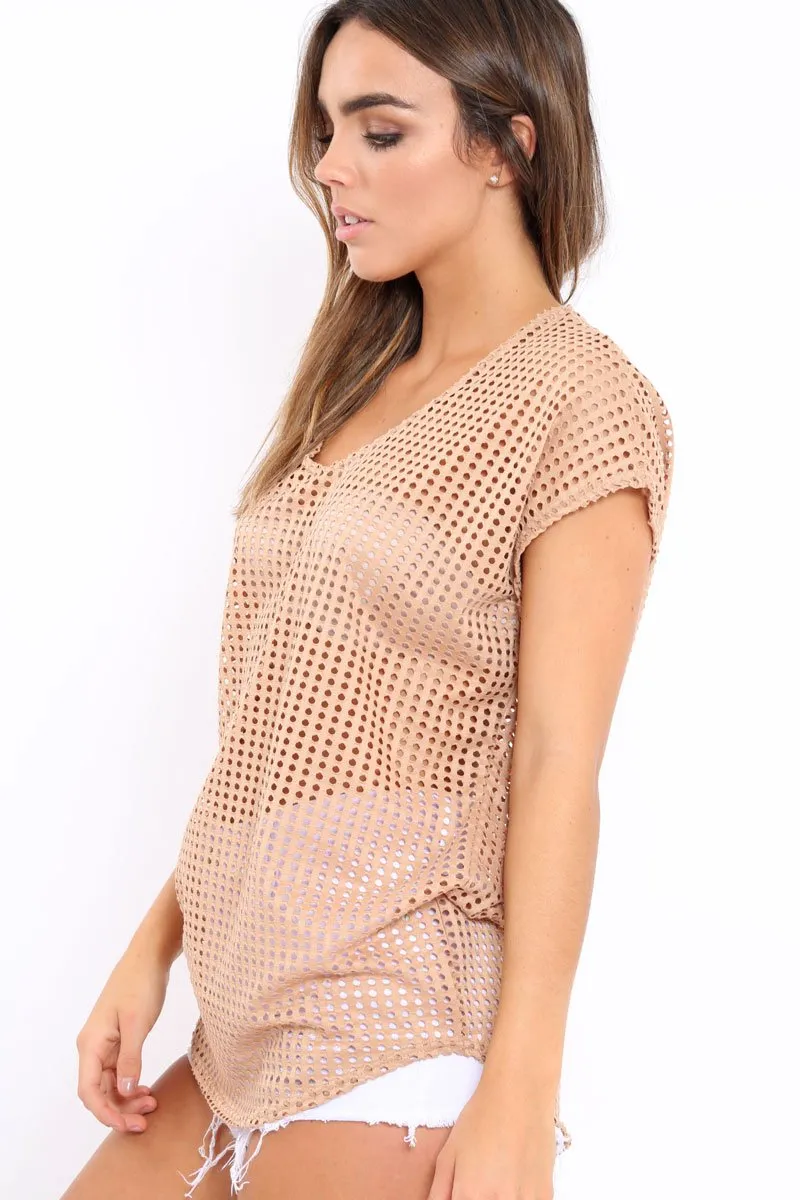 Beige Laser Cut Top with Crew neck and Dip Hem - Keelani