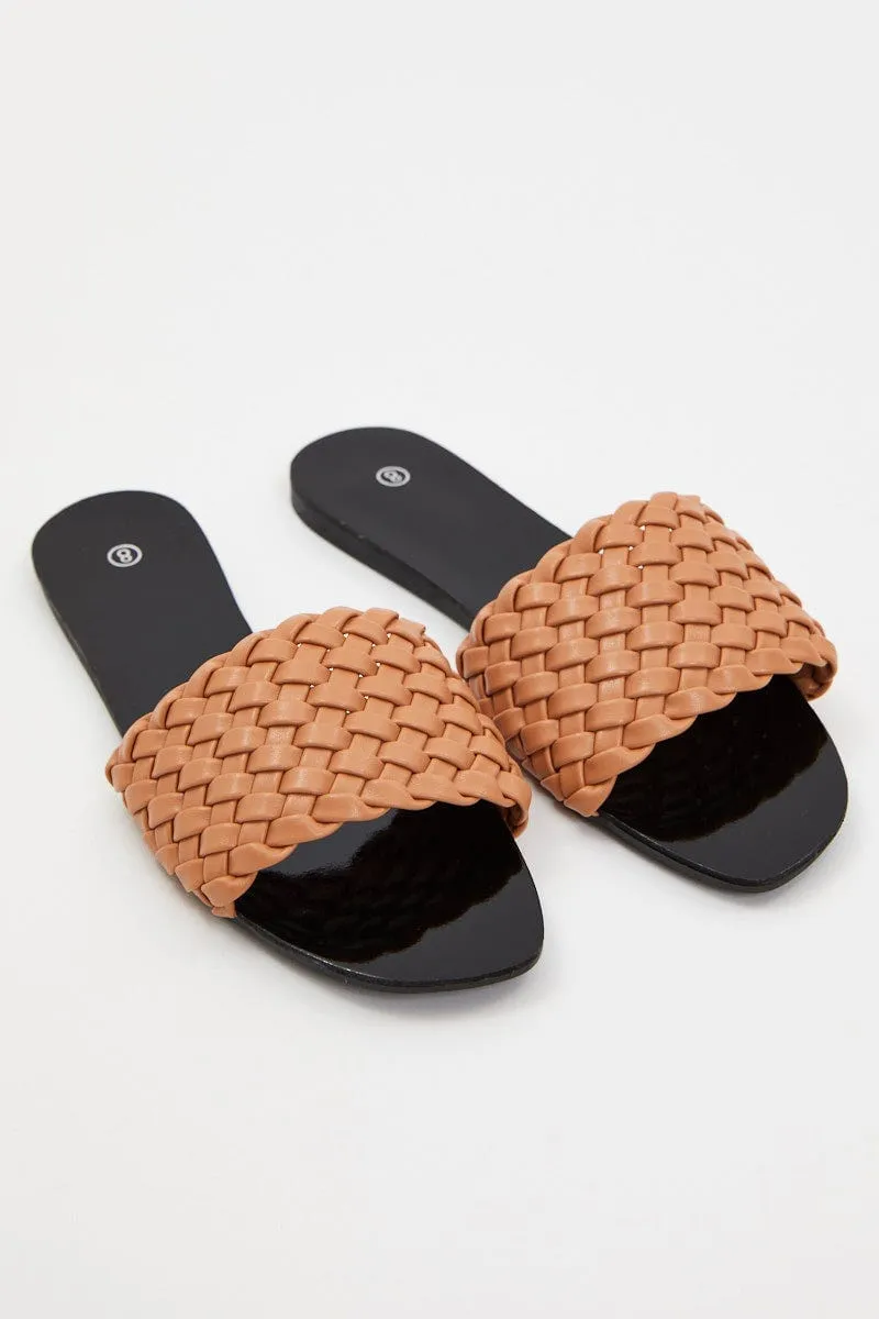 Beige Woven Flat Slides