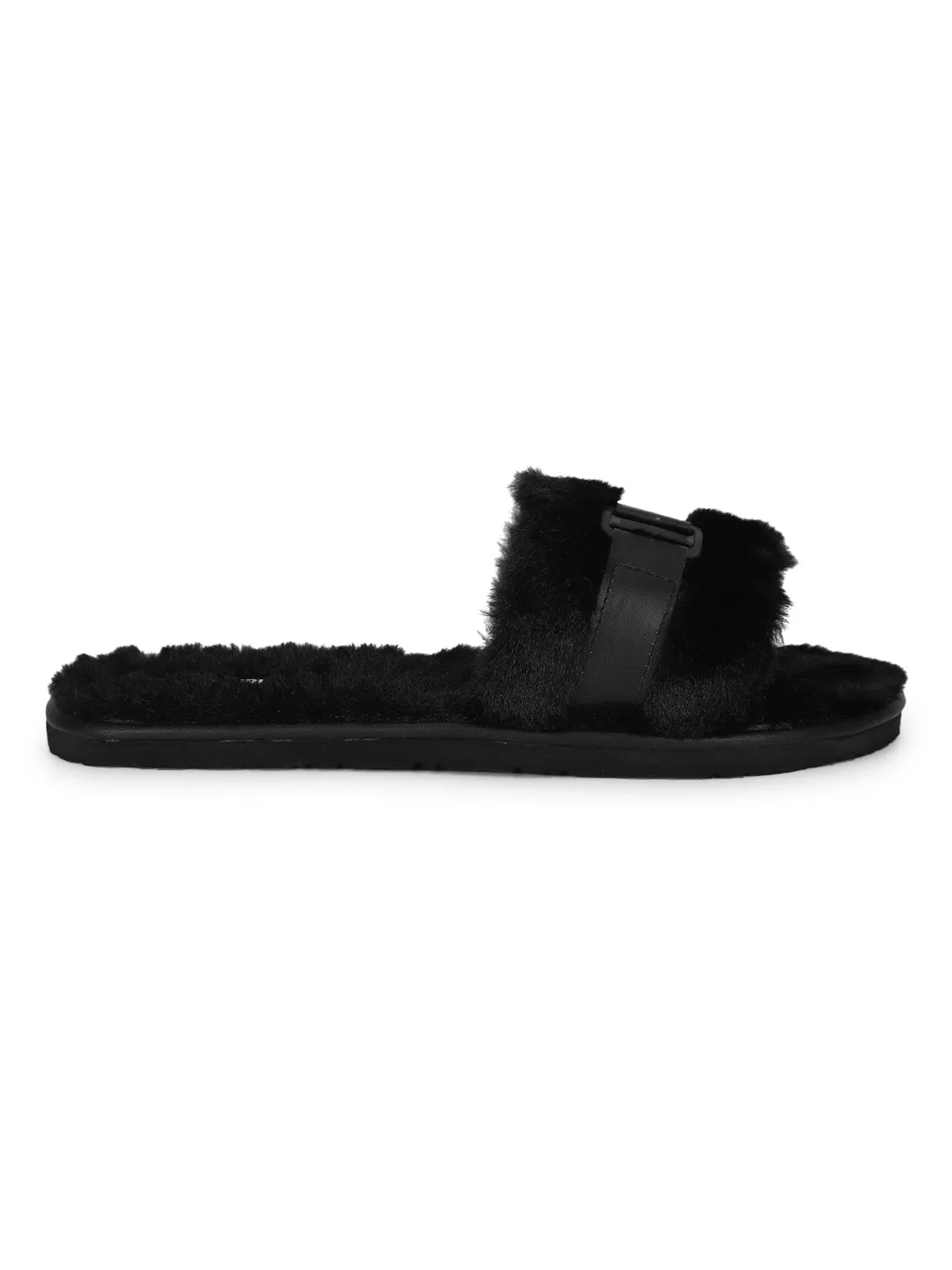 Black Fuzzy Fur Slip Ons With Buckle (TC-ST-1167-BLK)