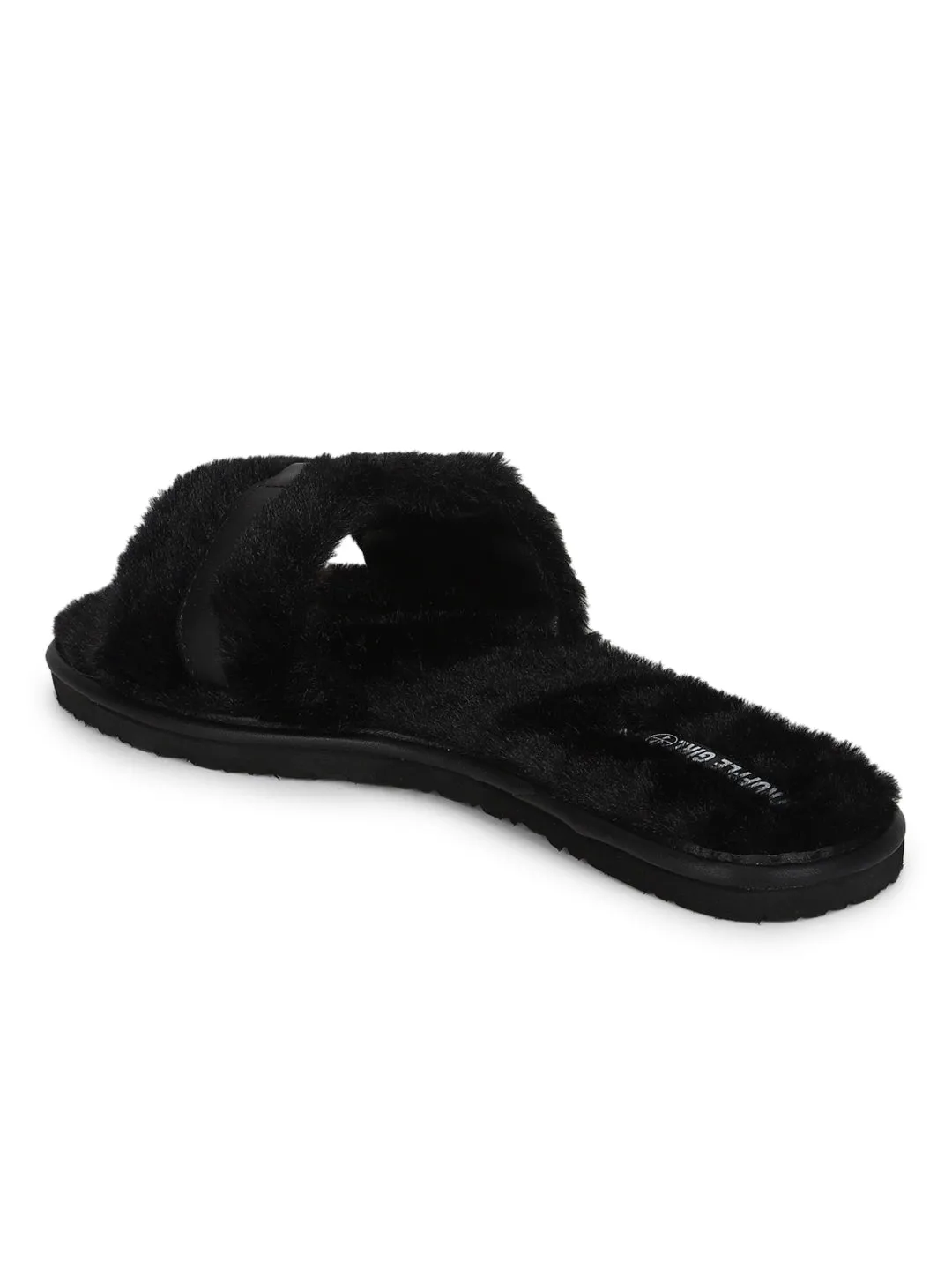 Black Fuzzy Fur Slip Ons With Buckle (TC-ST-1167-BLK)