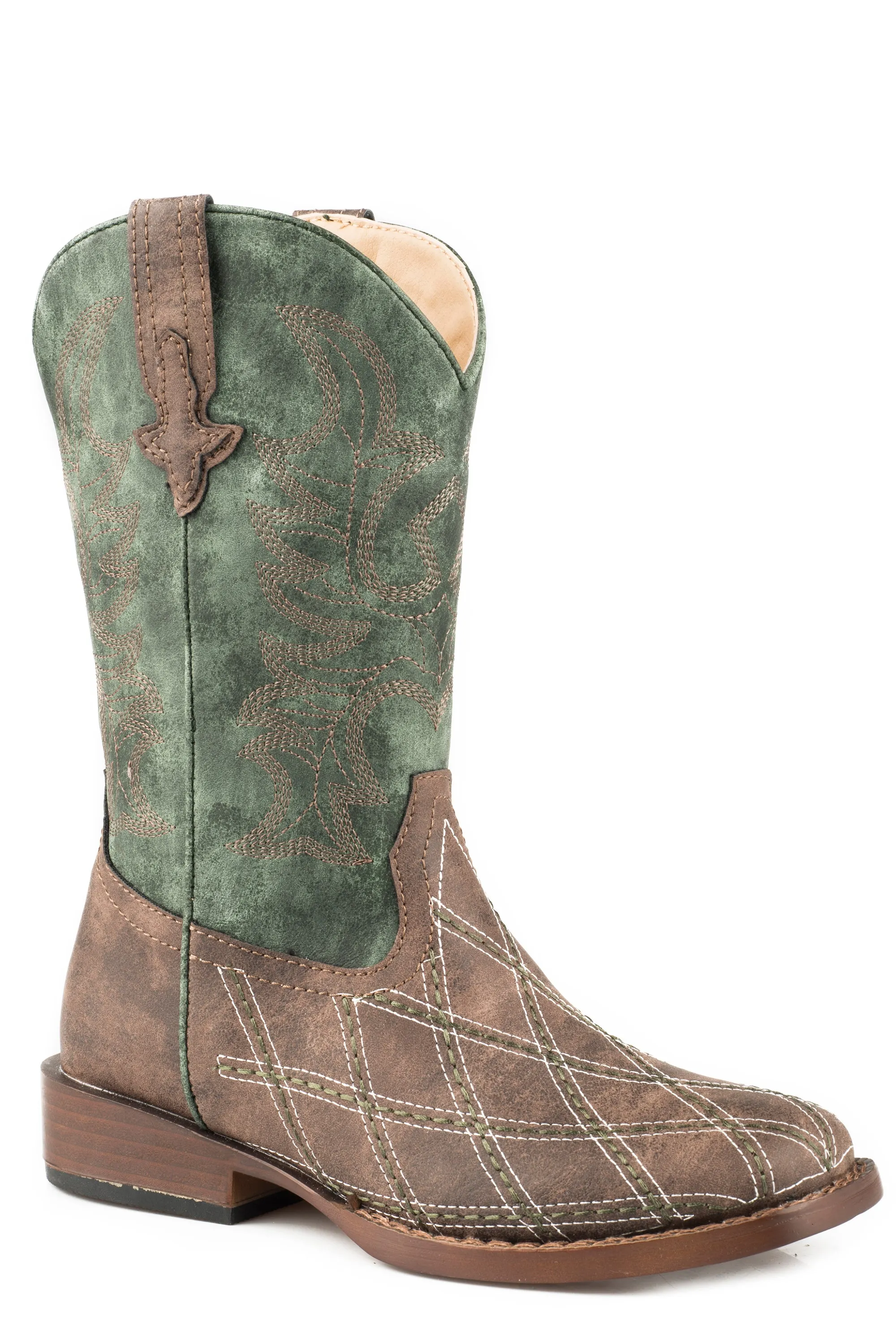 Boy's Roper Diamond Checked Brown Leather Western Boot