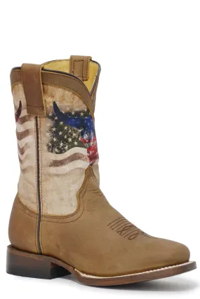 Boys Roper Oiled Tan Square Toe Boot w/ American Flag & Skull