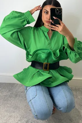 Ciara Green Ruffle Peplum Belted Shirt Blouse