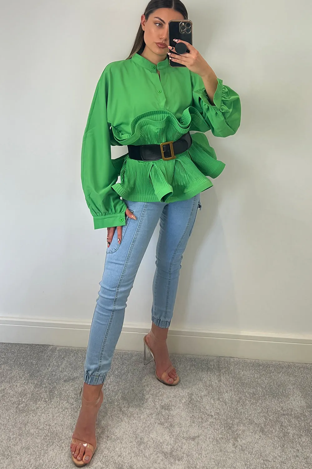 Ciara Green Ruffle Peplum Belted Shirt Blouse