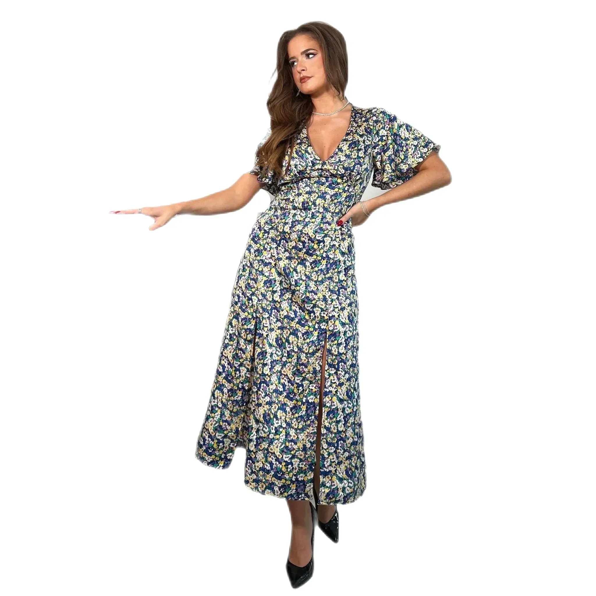 Ditsy Blue Floral Midi Dress With Angel Sleeves & High Leg Split