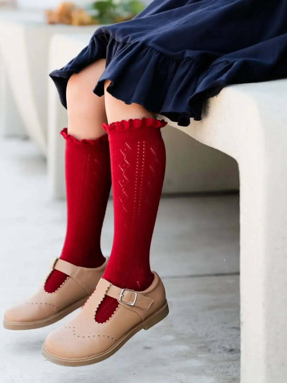 Fancy Lace Top Knee High Socks - Cherry