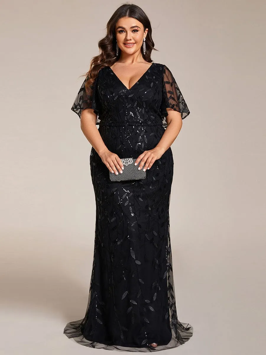 Fashion Plus Size V Neck Mermaid Sequin & Tulle Evening Dress