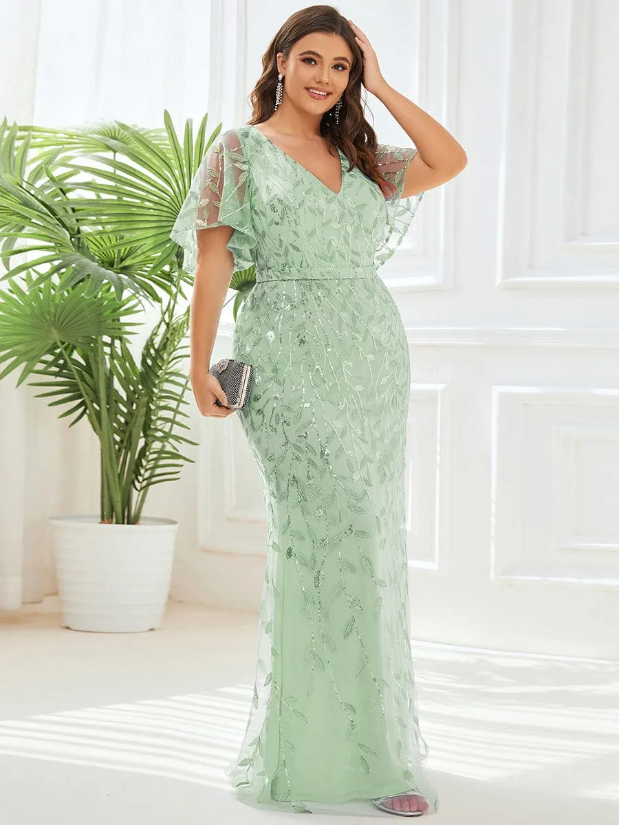 Fashion Plus Size V Neck Mermaid Sequin & Tulle Evening Dress