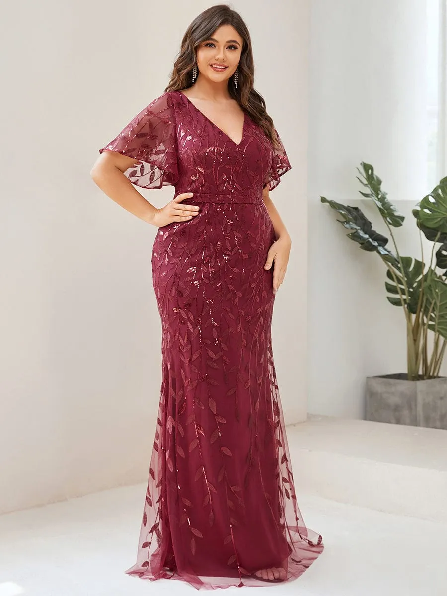 Fashion Plus Size V Neck Mermaid Sequin & Tulle Evening Dress