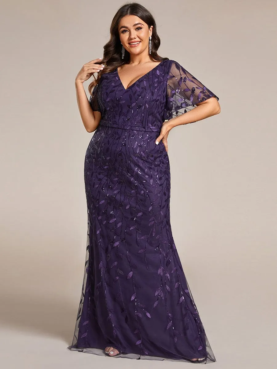 Fashion Plus Size V Neck Mermaid Sequin & Tulle Evening Dress