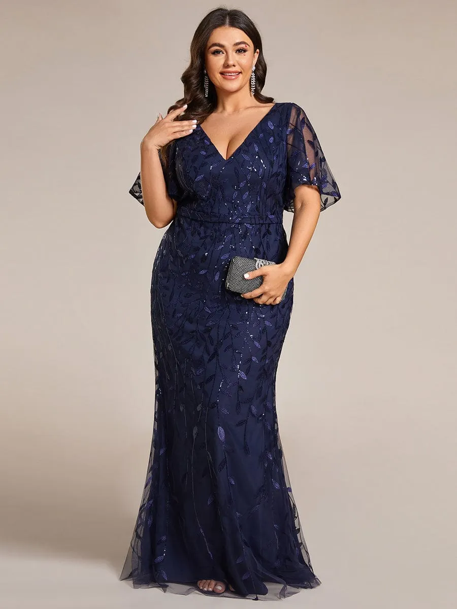 Fashion Plus Size V Neck Mermaid Sequin & Tulle Evening Dress