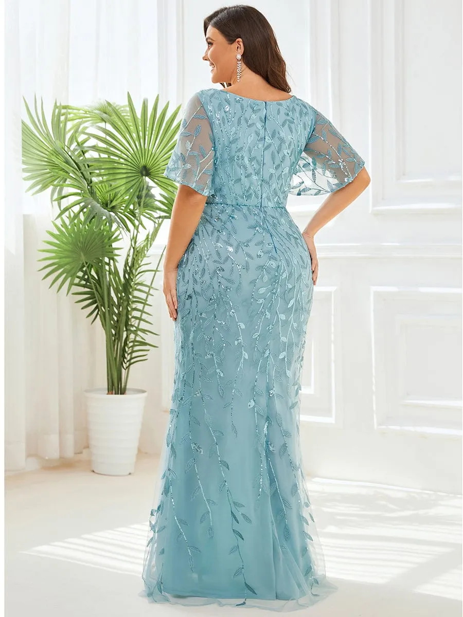 Fashion Plus Size V Neck Mermaid Sequin & Tulle Evening Dress