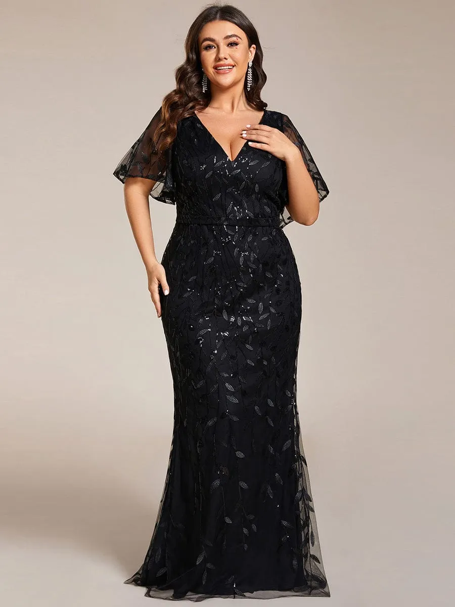 Fashion Plus Size V Neck Mermaid Sequin & Tulle Evening Dress