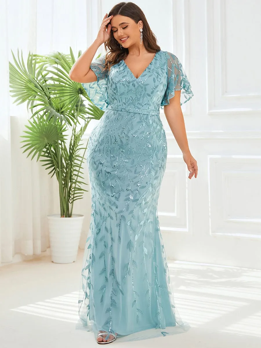 Fashion Plus Size V Neck Mermaid Sequin & Tulle Evening Dress