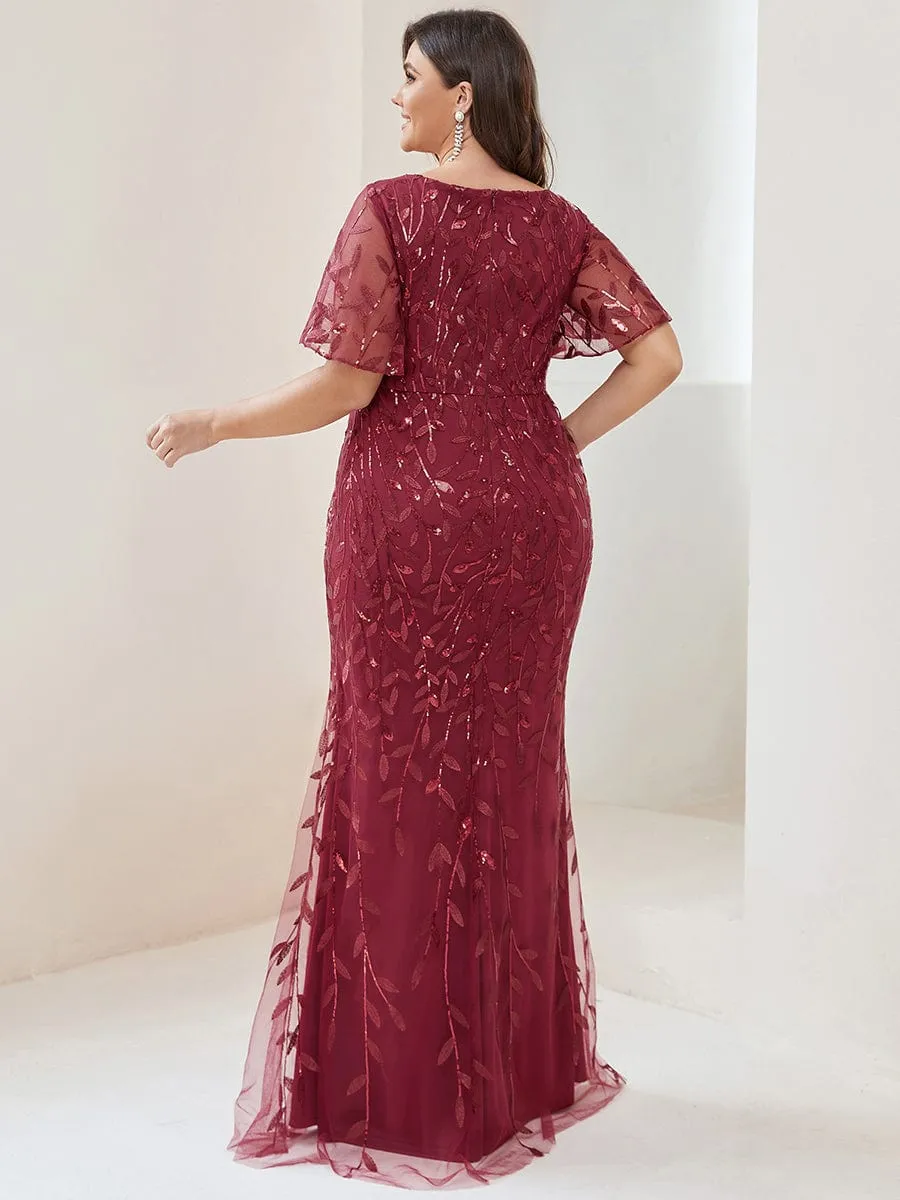 Fashion Plus Size V Neck Mermaid Sequin & Tulle Evening Dress