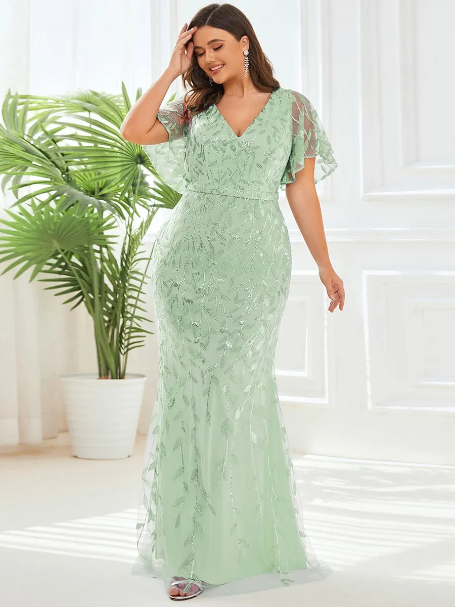 Fashion Plus Size V Neck Mermaid Sequin & Tulle Evening Dress