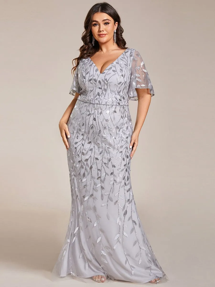 Fashion Plus Size V Neck Mermaid Sequin & Tulle Evening Dress