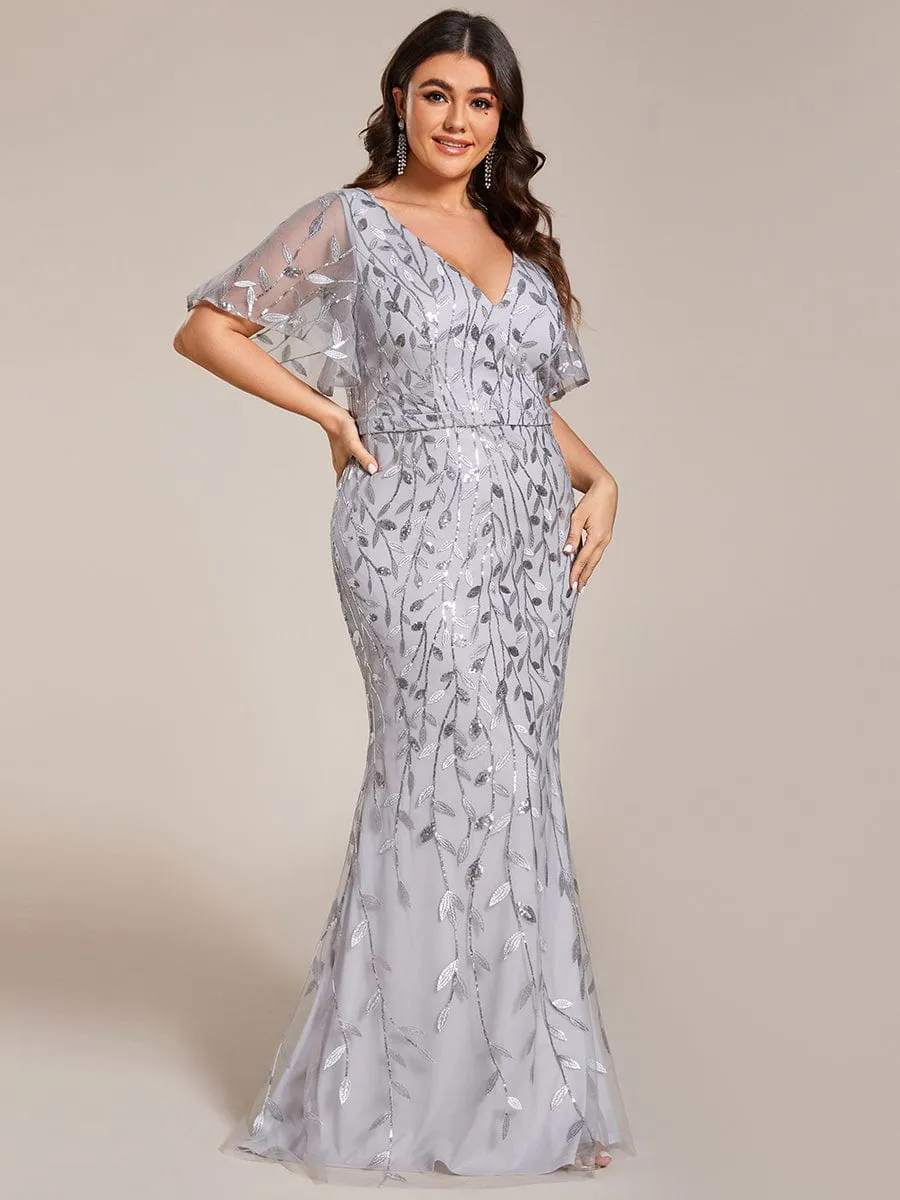 Fashion Plus Size V Neck Mermaid Sequin & Tulle Evening Dress