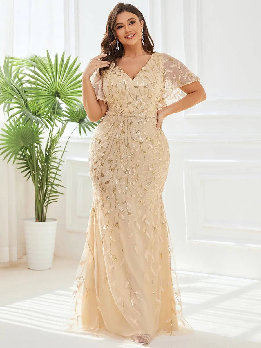 Fashion Plus Size V Neck Mermaid Sequin & Tulle Evening Dress