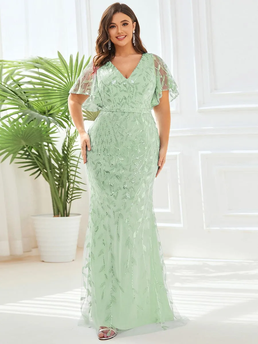 Fashion Plus Size V Neck Mermaid Sequin & Tulle Evening Dress