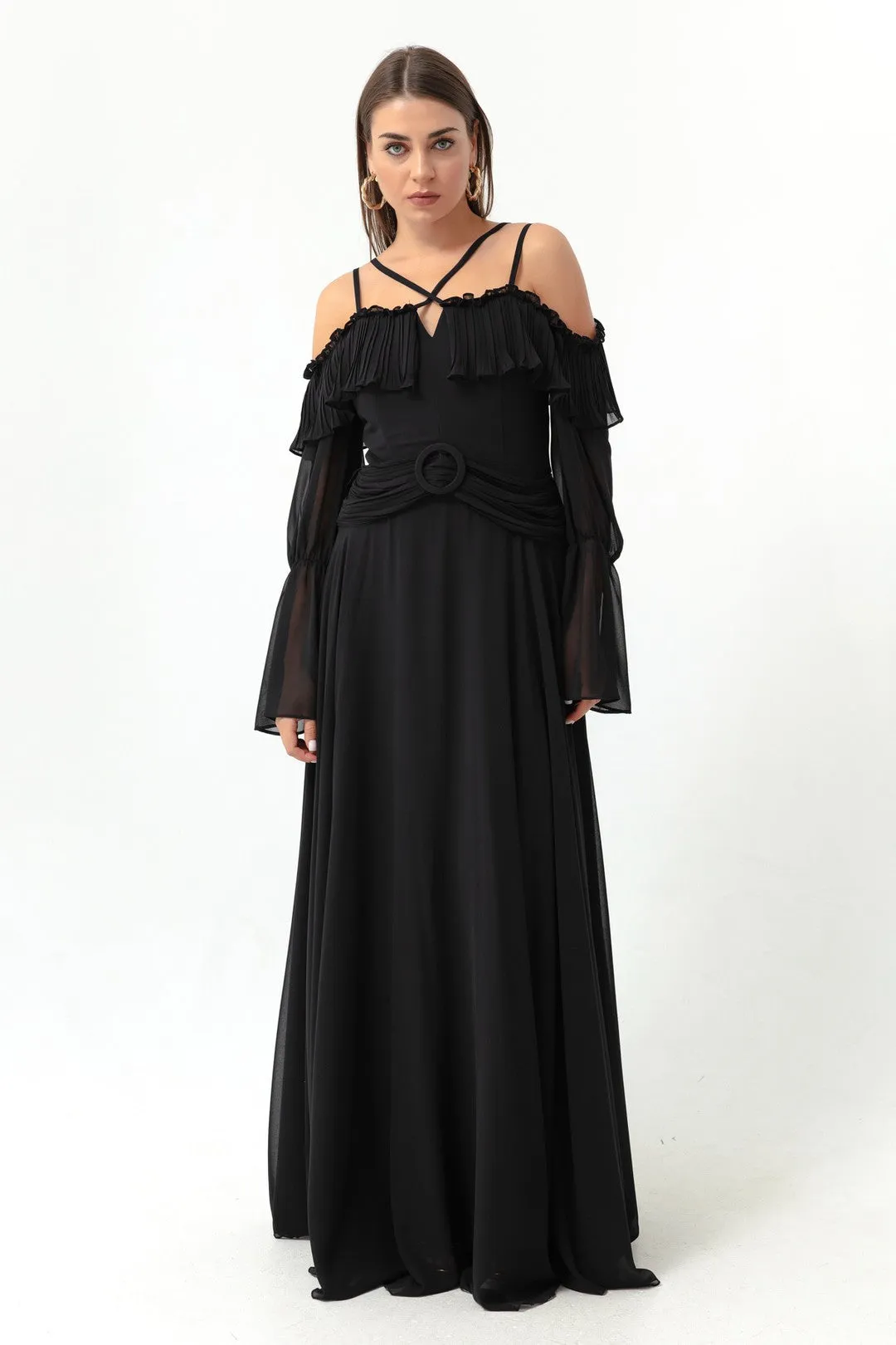 Female Strap Low Sleeve Chiffon Evening Dress