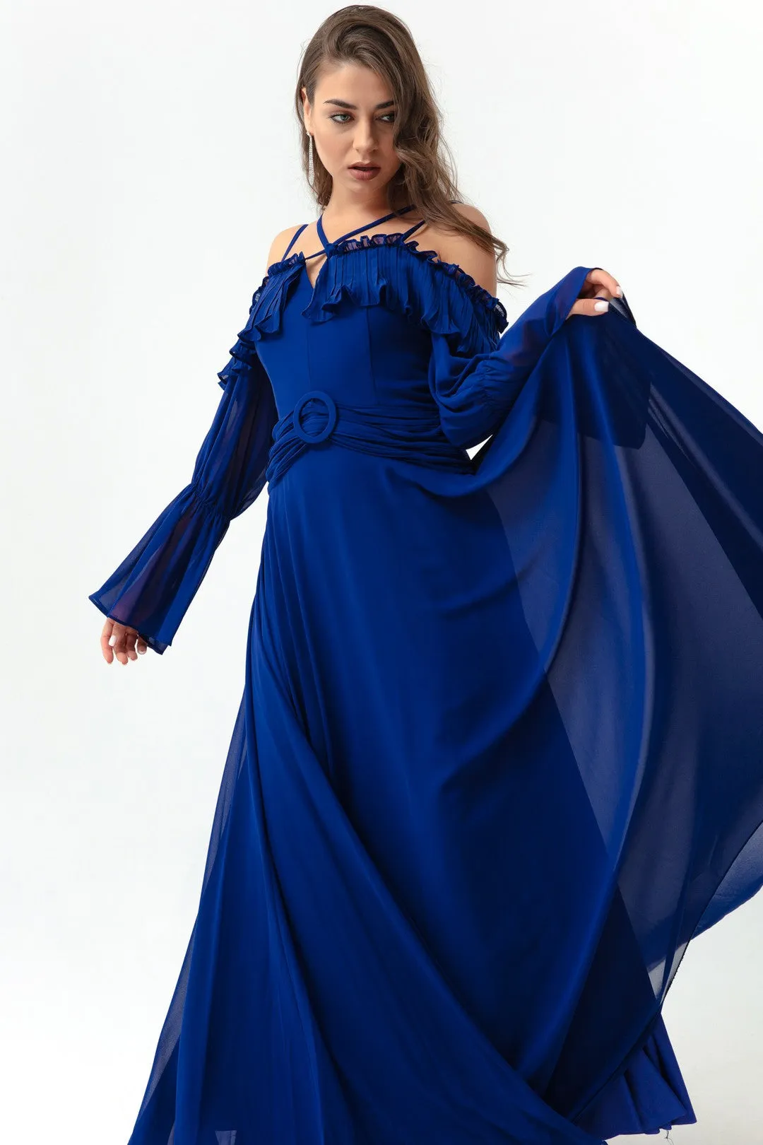 Female Strap Low Sleeve Chiffon Evening Dress