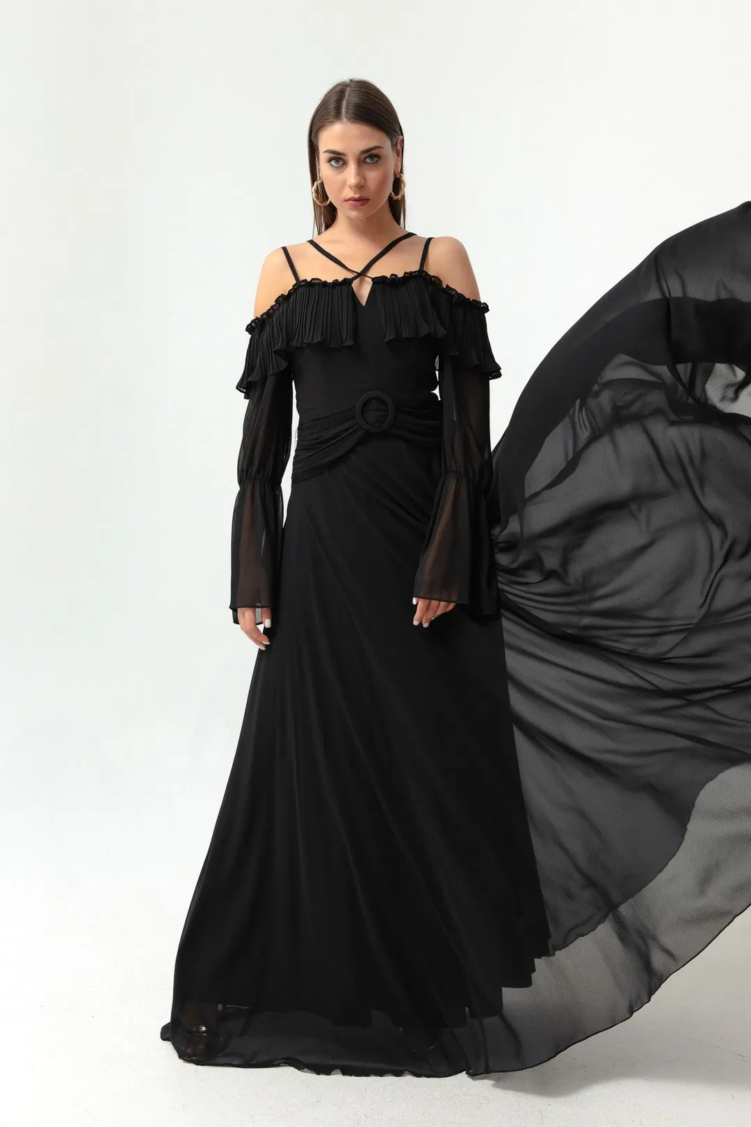 Female Strap Low Sleeve Chiffon Evening Dress