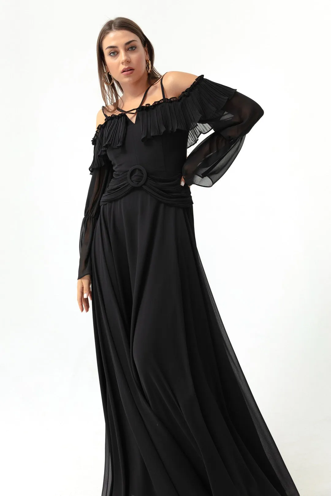 Female Strap Low Sleeve Chiffon Evening Dress