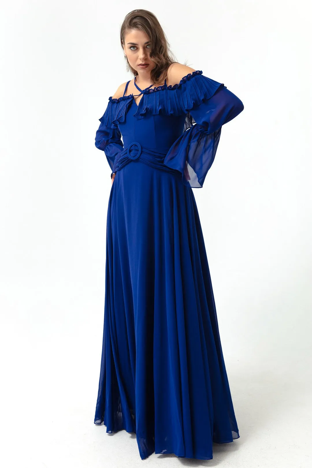 Female Strap Low Sleeve Chiffon Evening Dress