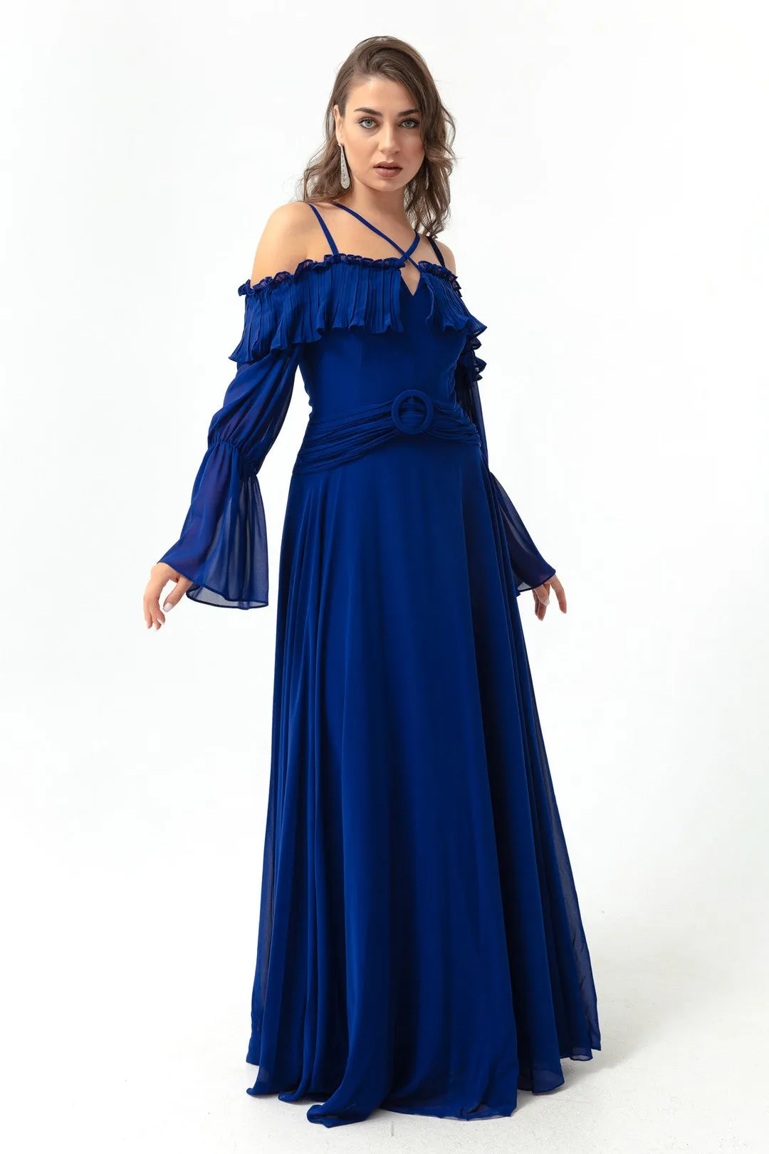 Female Strap Low Sleeve Chiffon Evening Dress