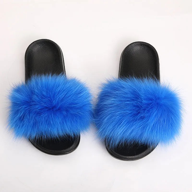 fur slides for women REAL BIG FURRY slippers flush soft raccoon outdoor slider sandals fox fur slipper