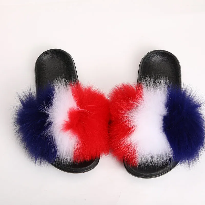 fur slides for women REAL BIG FURRY slippers flush soft raccoon outdoor slider sandals fox fur slipper