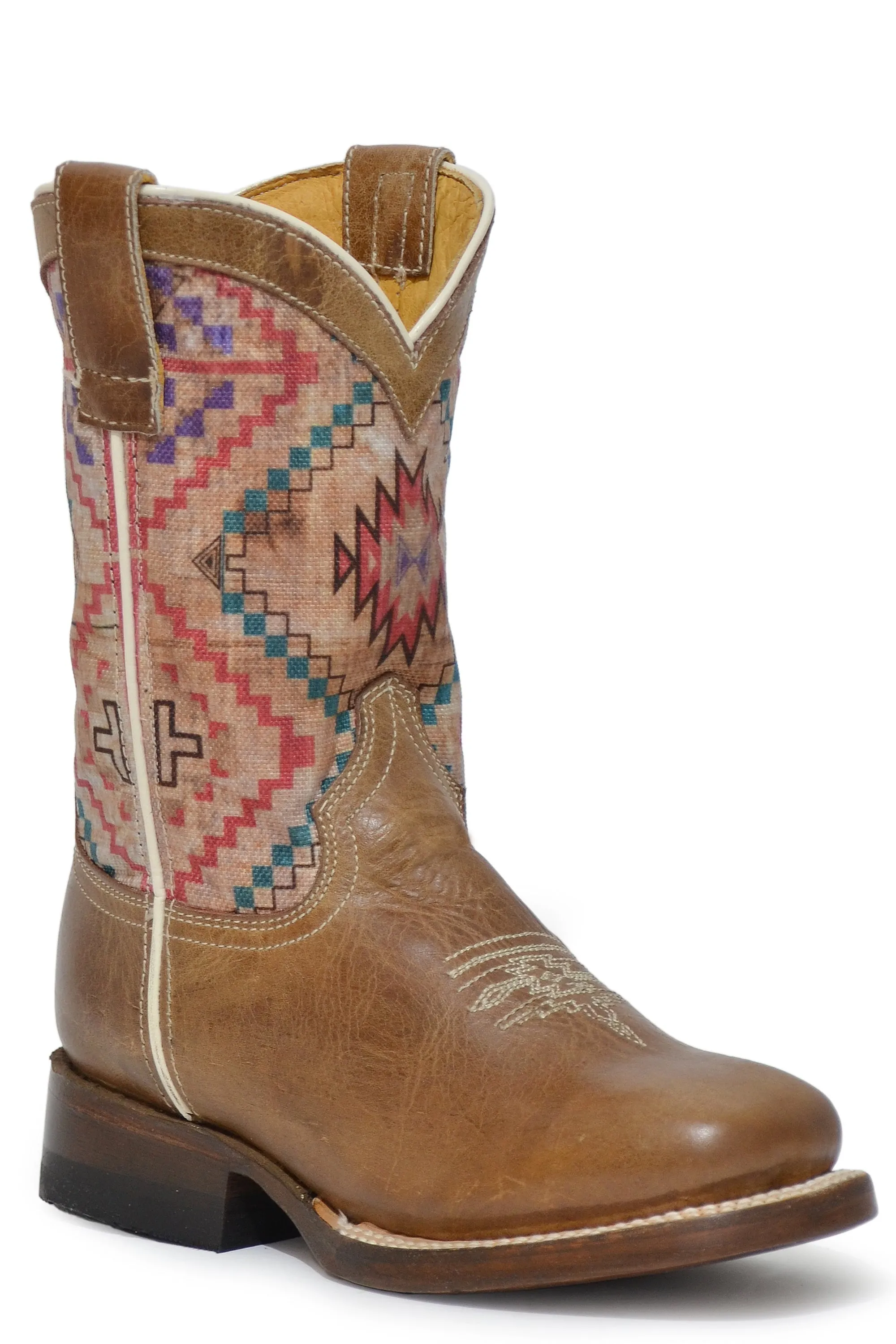 Girls Roper Burnished Brown Square Toe Boot w/ Native Design