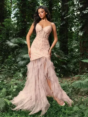 Luxury Floral Sequin Bodice Tulle Mermaid Hem Slip Prom Dress