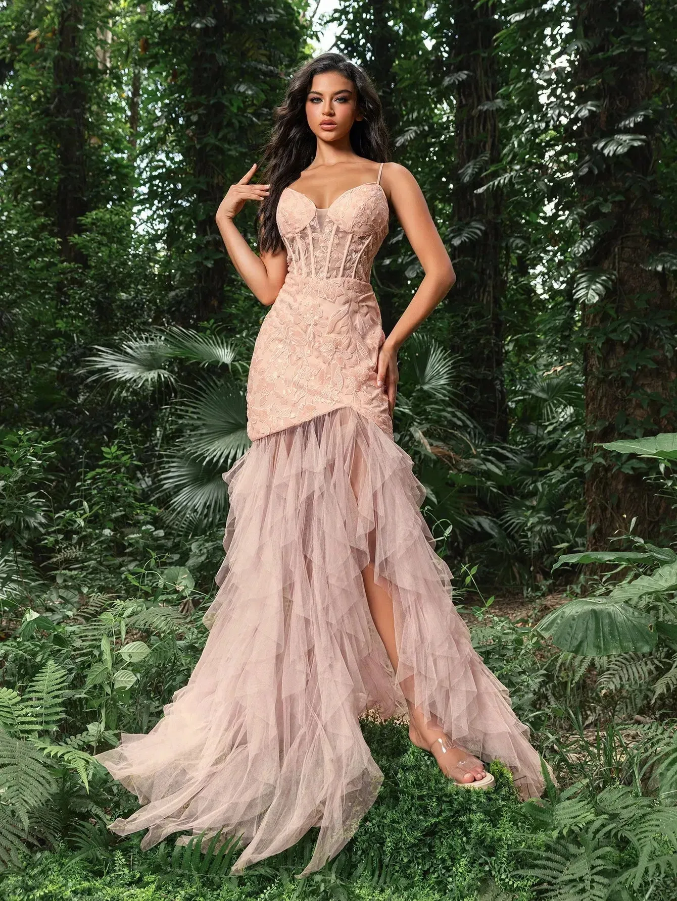 Luxury Floral Sequin Bodice Tulle Mermaid Hem Slip Prom Dress