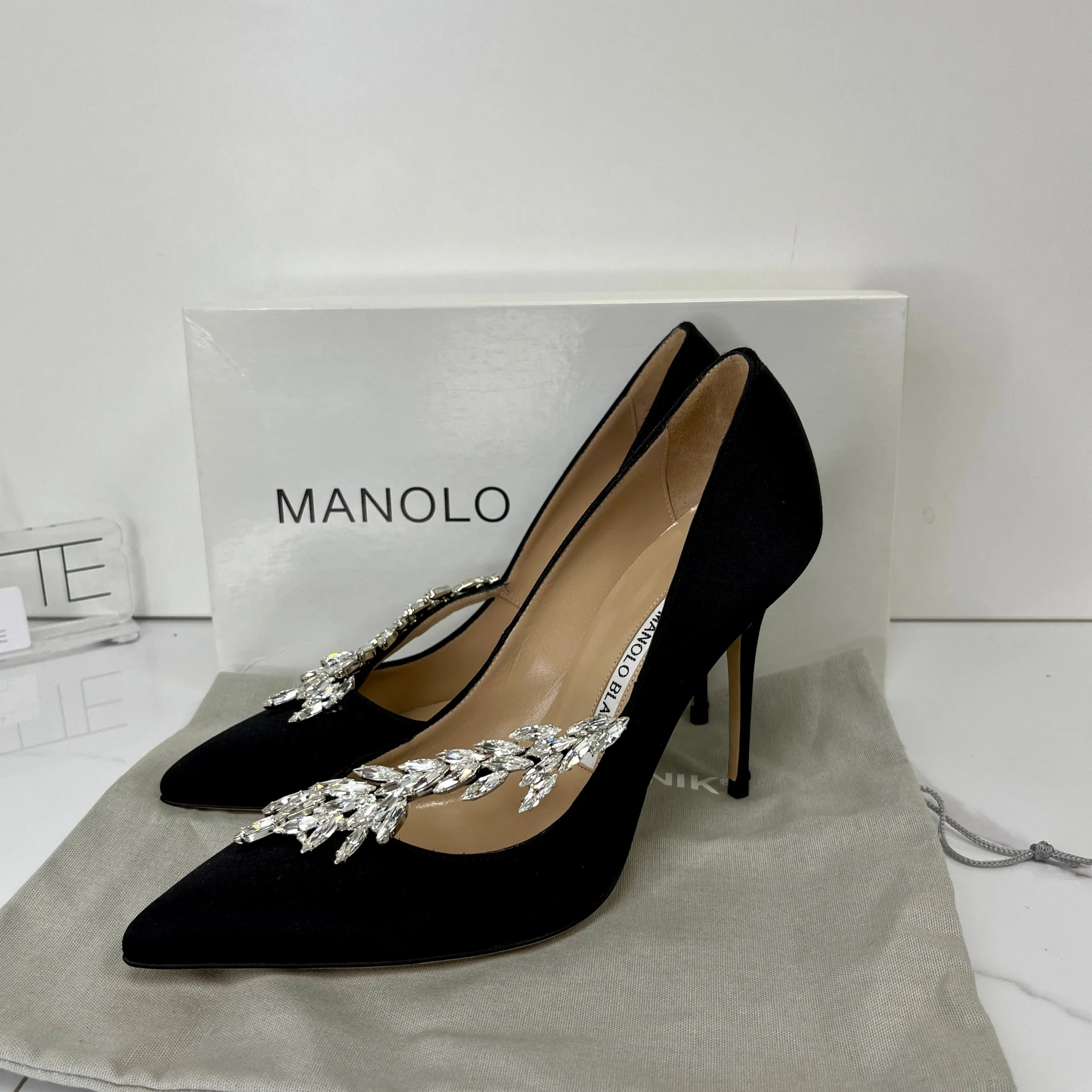 Manolo Blahnik Nadira Satin Jewel Buckle Pumps - Size 37